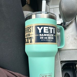 35oz teal yeti rambler travel mug with straw lid